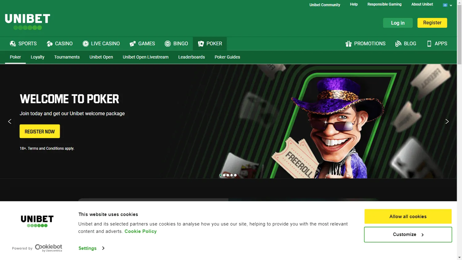 Unibet Casino desktop games lobby with pokies and live casino categories