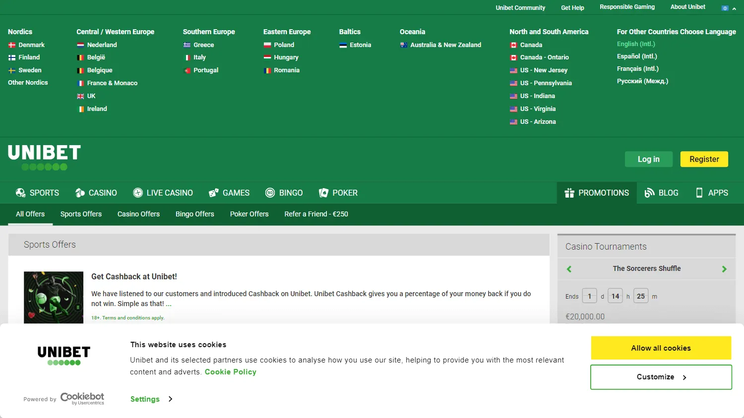 Unibet Casino desktop promotions area with welcome offer information
