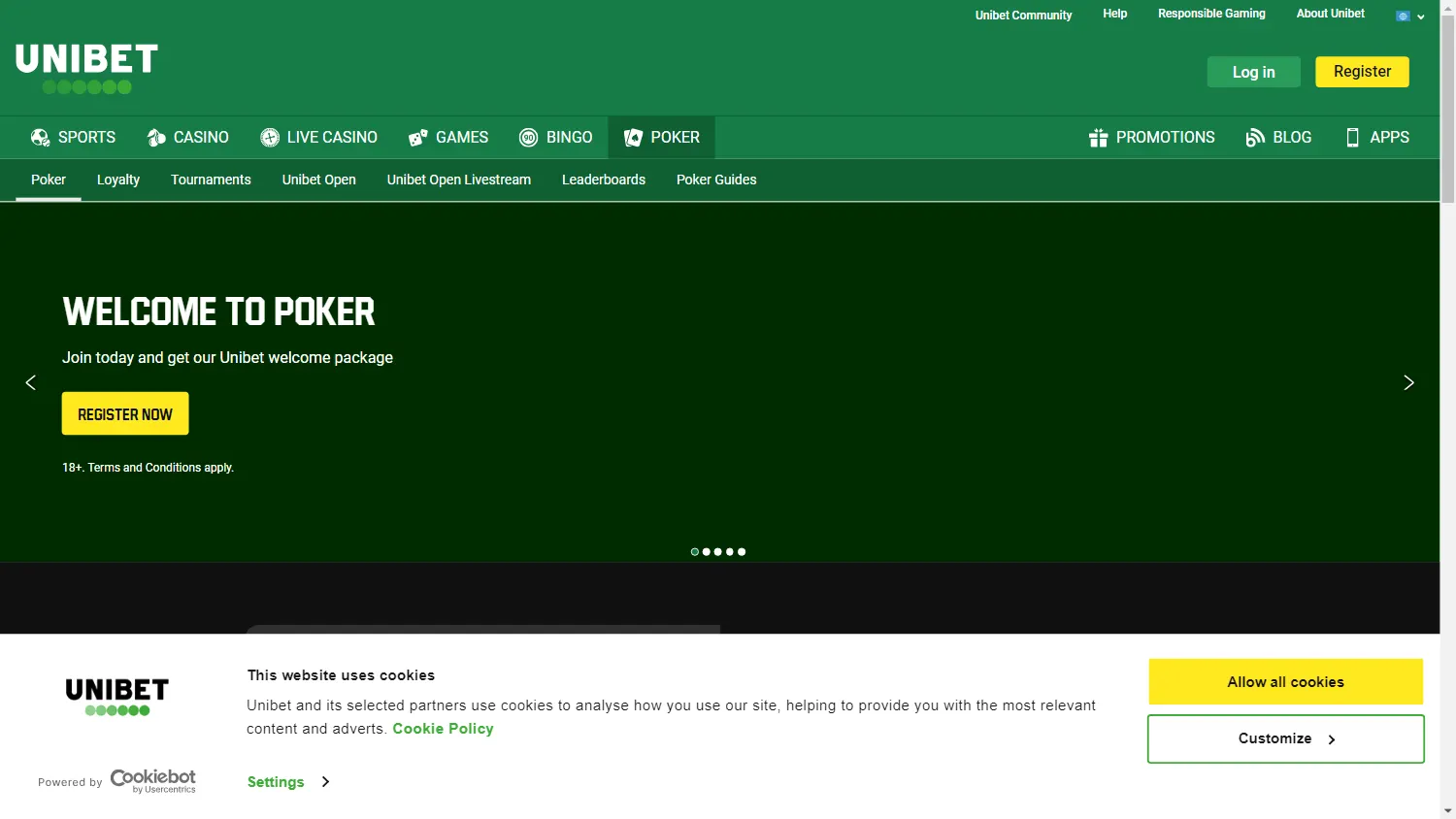 Unibet Casino desktop homepage with casino information and account access